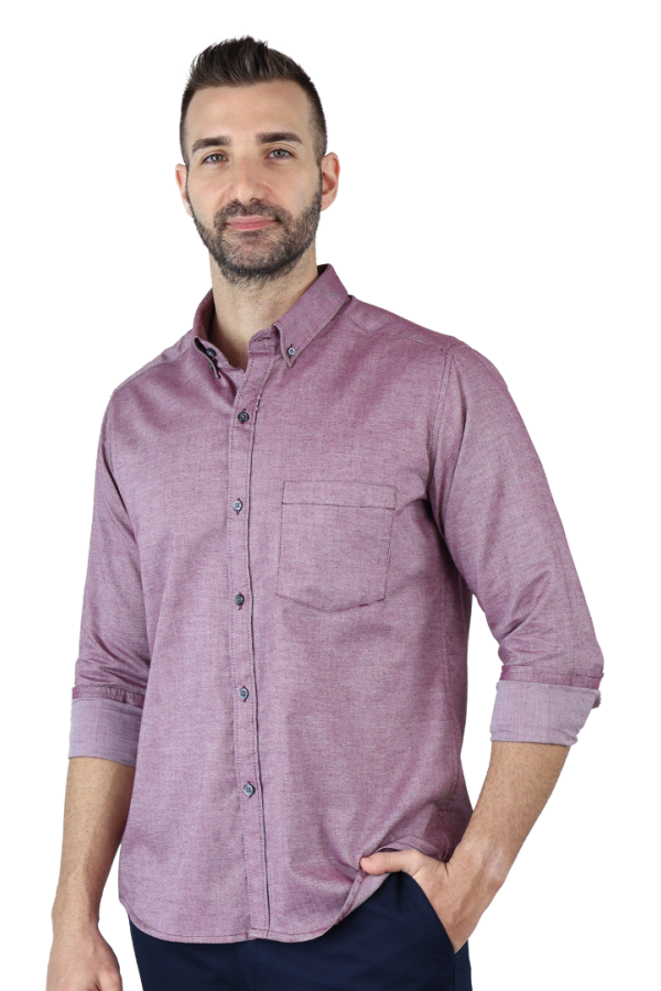 Camisa Cuello Americano Manga Larga Rojo Vino Tela Con Textura Para Hombre
